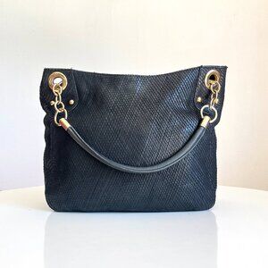 Cynthia Rowley Black Snake Reptile Textured Leather Chain Link Hobo Shoulder Bag